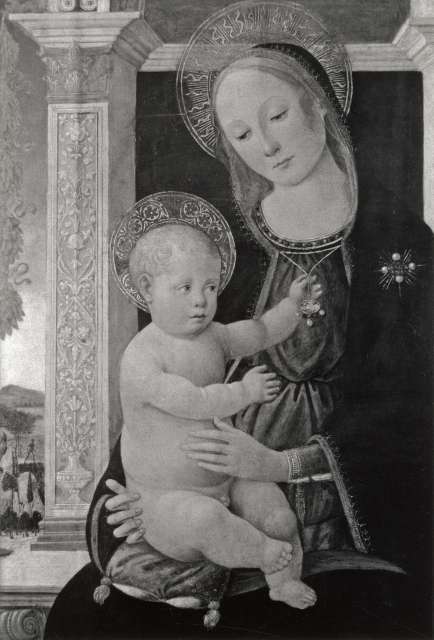 Anonimo — Maestro di Marradi - sec. XV/ XVI - Madonna con Bambino in trono — particolare
